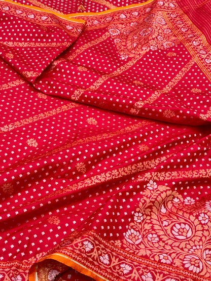 Red Pure Double Katan Silk Handloom Jamdani Banarasi Saree- Ektara Weave
