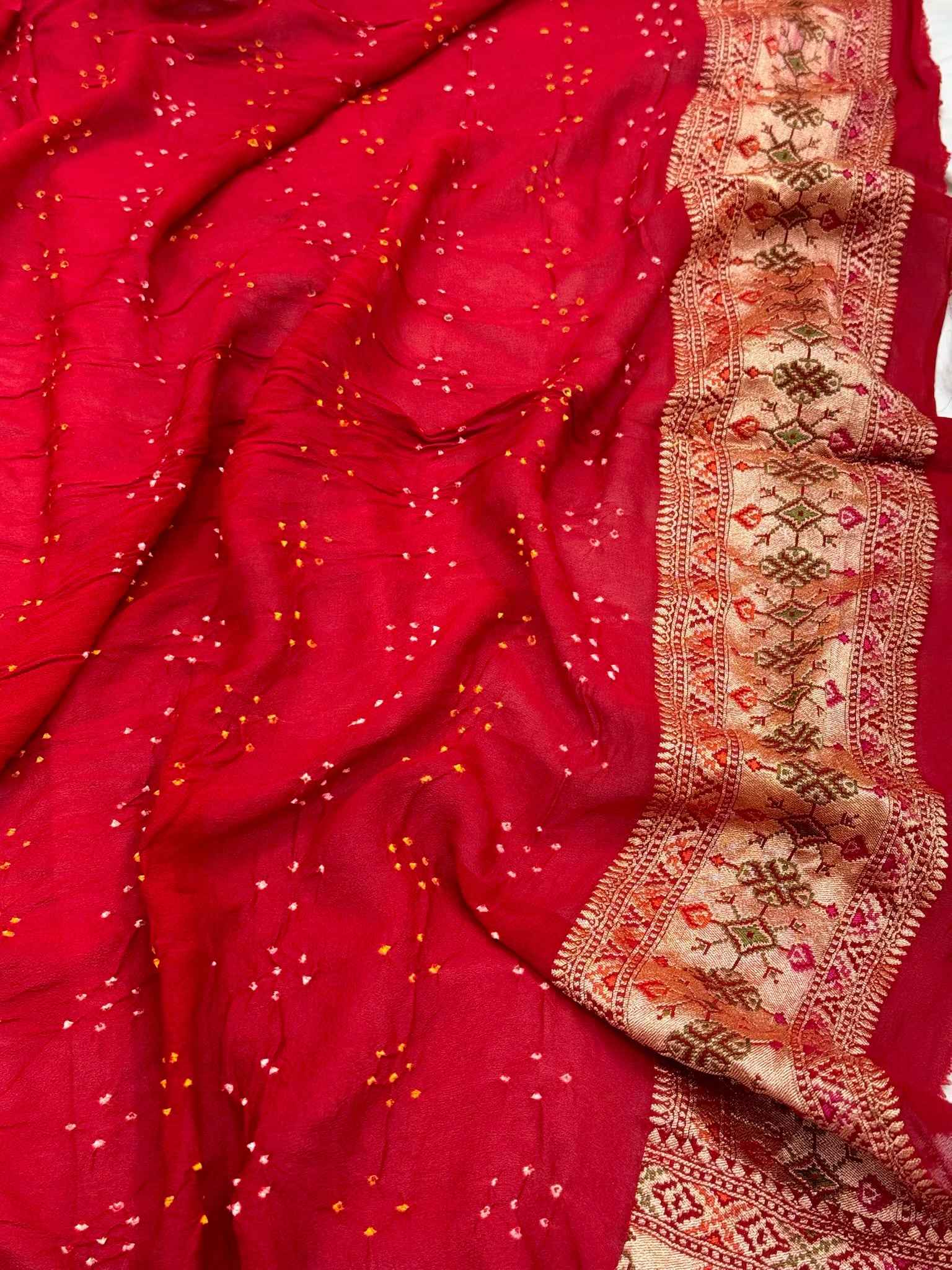 Red Pure Chiffon Georgette Handloom Banarasi Gharchola Bandhej Soft Drape Lightweight Saree