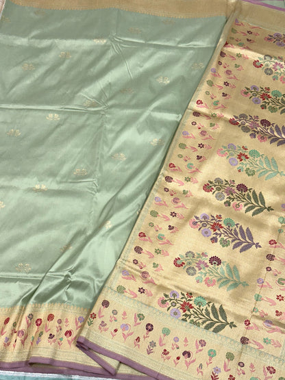 Pastel Green Pure Mulberry Katan Silk Handwoven Banarasi Saree
