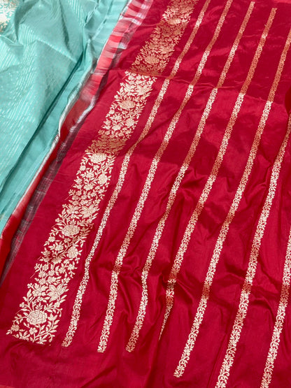 Sea Green Pure Katan Mulberry Silk Handwoven Banarasi Saree - Kadhwa Technique