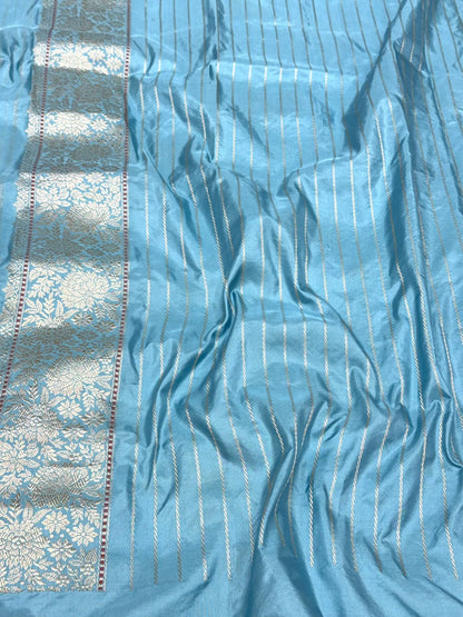 Baby Blue Pure Mulberry Double Katan Silk | Kadhwa Technique | Handwoven Luxury Banarasi Saree