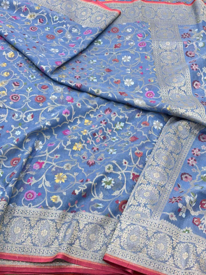 Blue Pure Muslin Cotton Jamdani Handloom Banarasi Saree | Ektara Weave |