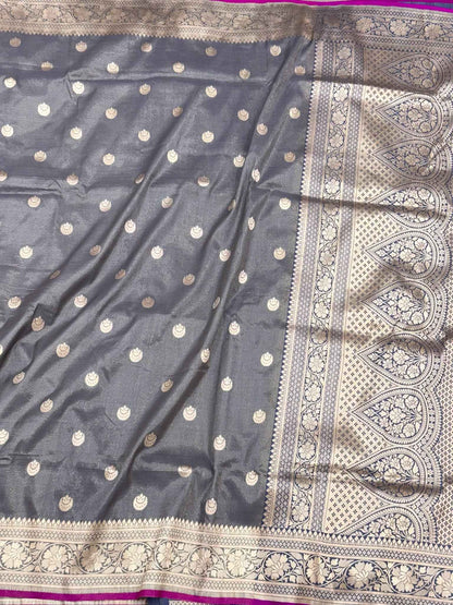 Gray Pure Mulberry katan Silk handloom Banarasi Saree