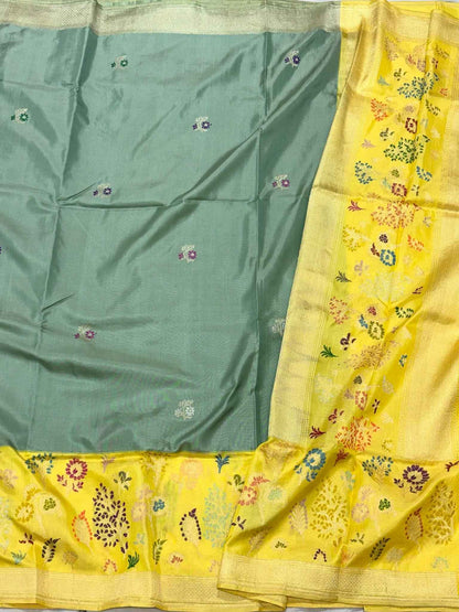 Dusty Sage Green Pure Katan Silk & Pure Mulberry Silk | Kadhwa Weave | Handwoven Banarasi Modern Saree