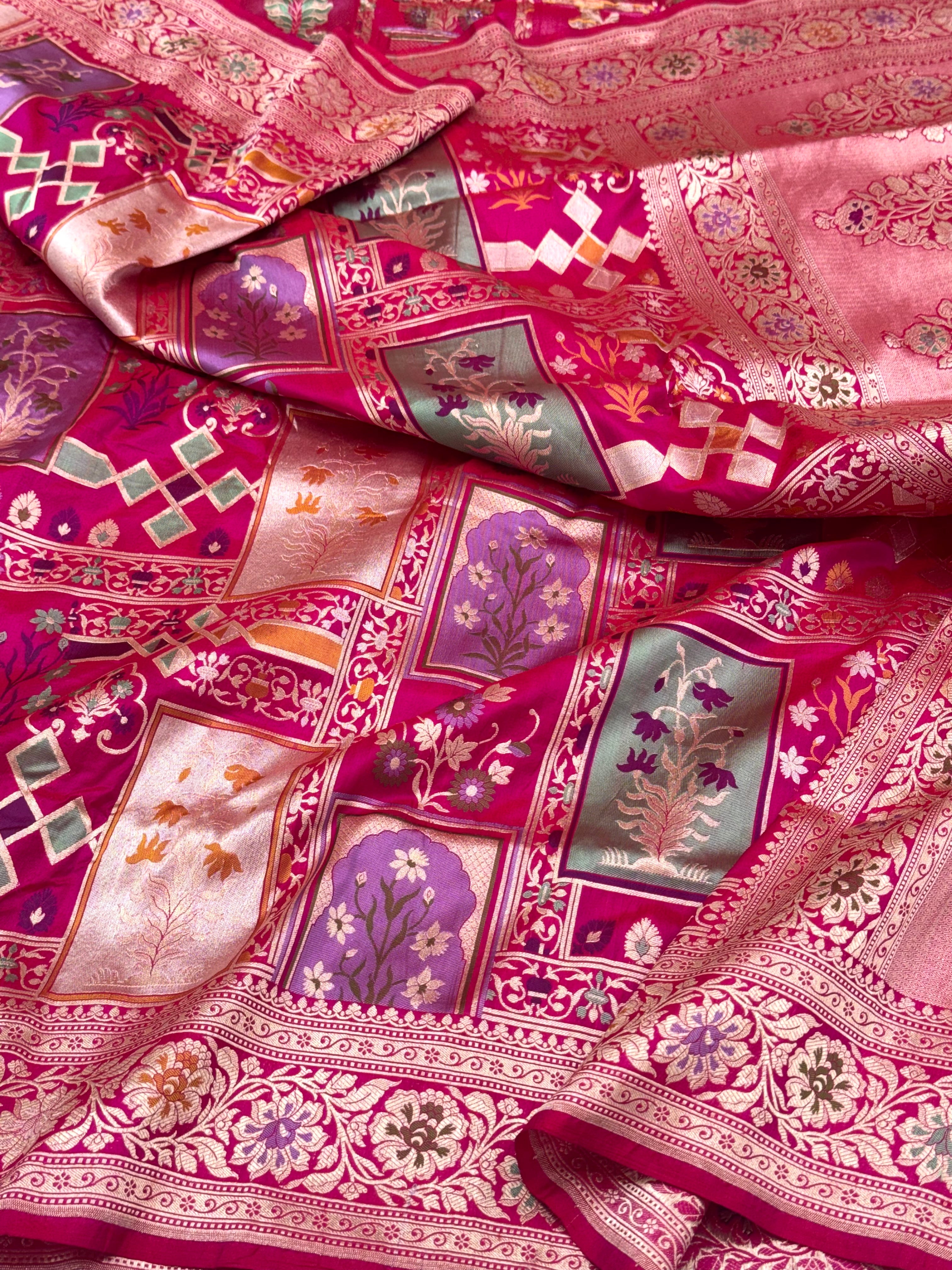 Rani Pink Pure Katan Silk Handloom Banarasi Saree- Rangkaat pattern