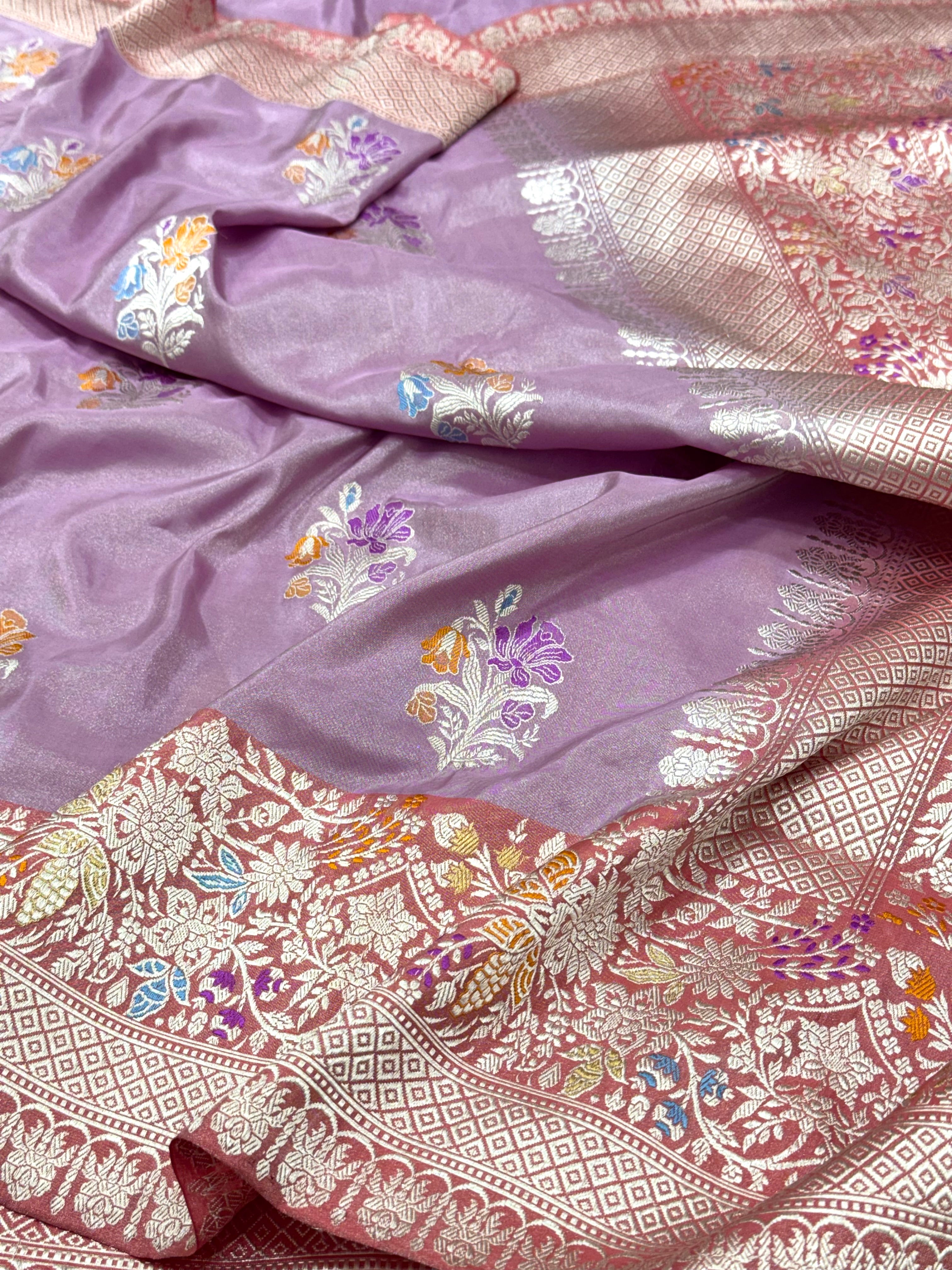 Lavender Pure Double Katan Tissue Silk Handwoven Banarasi Saree