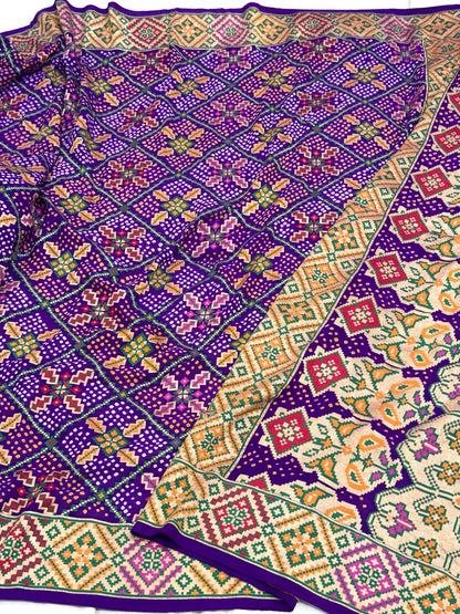 Purple Pure Chiffon Khaddi Georgette Banarasi Bandhej Handwoven Saree