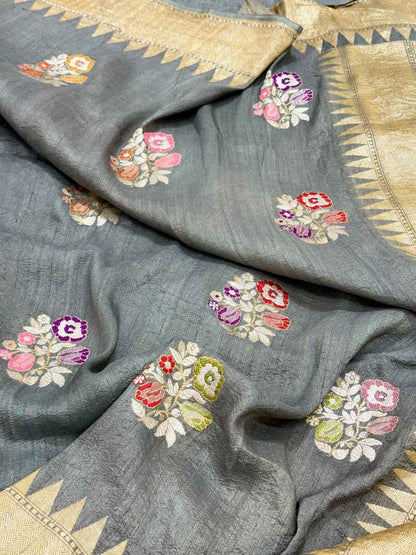 Smoke Gray Pure Tussar Georgette Silk Banarasi Saree - Kadhwa Weave