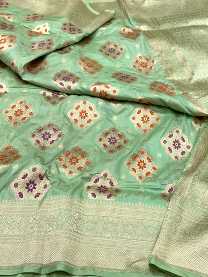 Pista Green Pure Katan Mulberry Silk Handloom Authentic Banarasi Saree - Meenakari