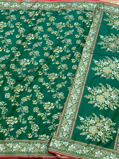Green Pure Double Katan Silk Handloom Banarasi Saree | Ektara + Jamdani Weave |