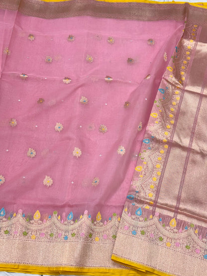 Onion Pink Authentic Banarasi Saree | Pure Kora Mulberry Silk - Kadhwa Weave Handwoven Banarasi Saree