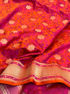Reddish Orange Pure Mashru Satin Silk Handwoven Banarasi Saree- Tanchoi