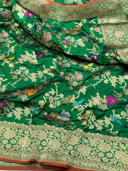 Bottle Green Pure Double Katan Mulberry Silk | Kadhwa Technique | Handwoven Banarasi Saree