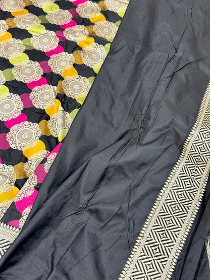 Black Pure Mulberry Katan Silk Handloom Banarasi Saree