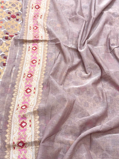 Dusty Lavender Pure Muslin Cotton Jamdani |Ektara Technique | Handloom Banarasi Saree