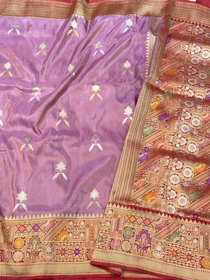 Lilac Pink Handwoven Banarasi Saree | Pure Double Katan Tissue Silk Saree - Kadhwa weave