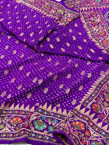 Purple Pure Chiffon Georgette Handloom Banarasi Bandhej Saree - Six Yards Elevated