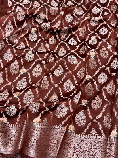 Brown Pure Chiniya Silk Modern Contemporary Banarasi Saree