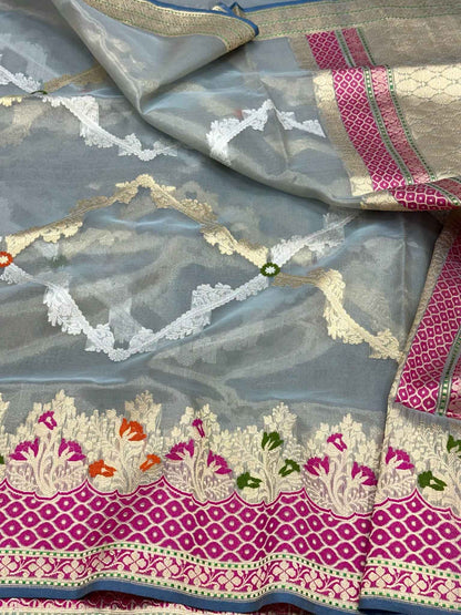 Air Force Blue Pure Kora Tissue Silk Handwoven | Kadhwa Technique | Authentic Banarasi Saree