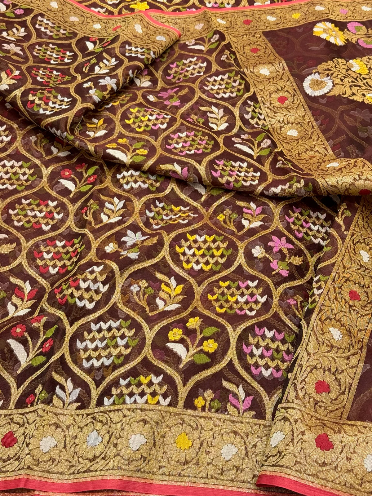 Wine Pure Kora Mulberry Silk Handloom Banarasi Saree | Ektara Jamdani Technique