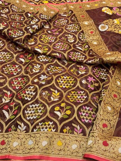 Wine Pure Kora Mulberry Silk Handloom Banarasi Saree | Ektara Jamdani Technique