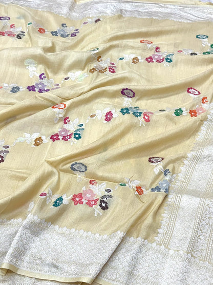Beige Banarasi Pure Tussar Georgette Silk | Kadhwa Technique | Handwoven Modern Saree - Soft Ligthweight Saree