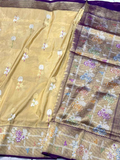 Gold Pure Double Katan Tissue Silk  | Kadhwa Tecnique | Handwoven Banarasi Silk Saree