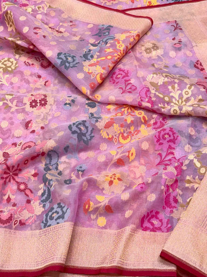 Rose Pink Pure Kora Silk Handloom Banarasi Saree with Ektara + Jamdani Weave