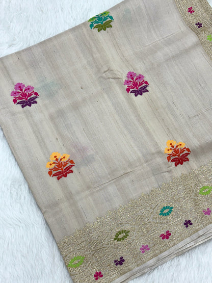 Ivory Pure Tussar Georgette Handwoven Banarasi Silk Saree