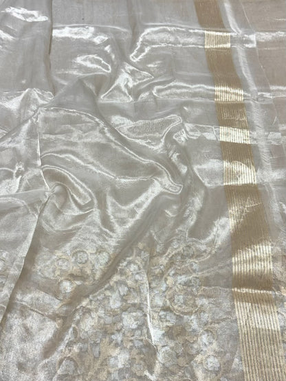 Silver/White Pure Tissue Silk Saree - 100% Pure Kora Silk | Handwoven Banarasi Silk Saree - Modern Contemporary Saree