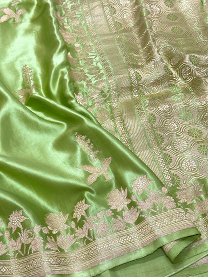 Pista Green Pure Mashru Satin Silk Handwoven Banarasi Saree