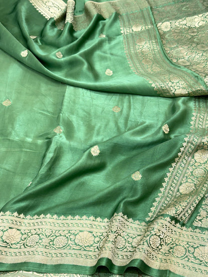 Emerald Green Pure Mashru Satin Silk Handwoven Banarasi Saree