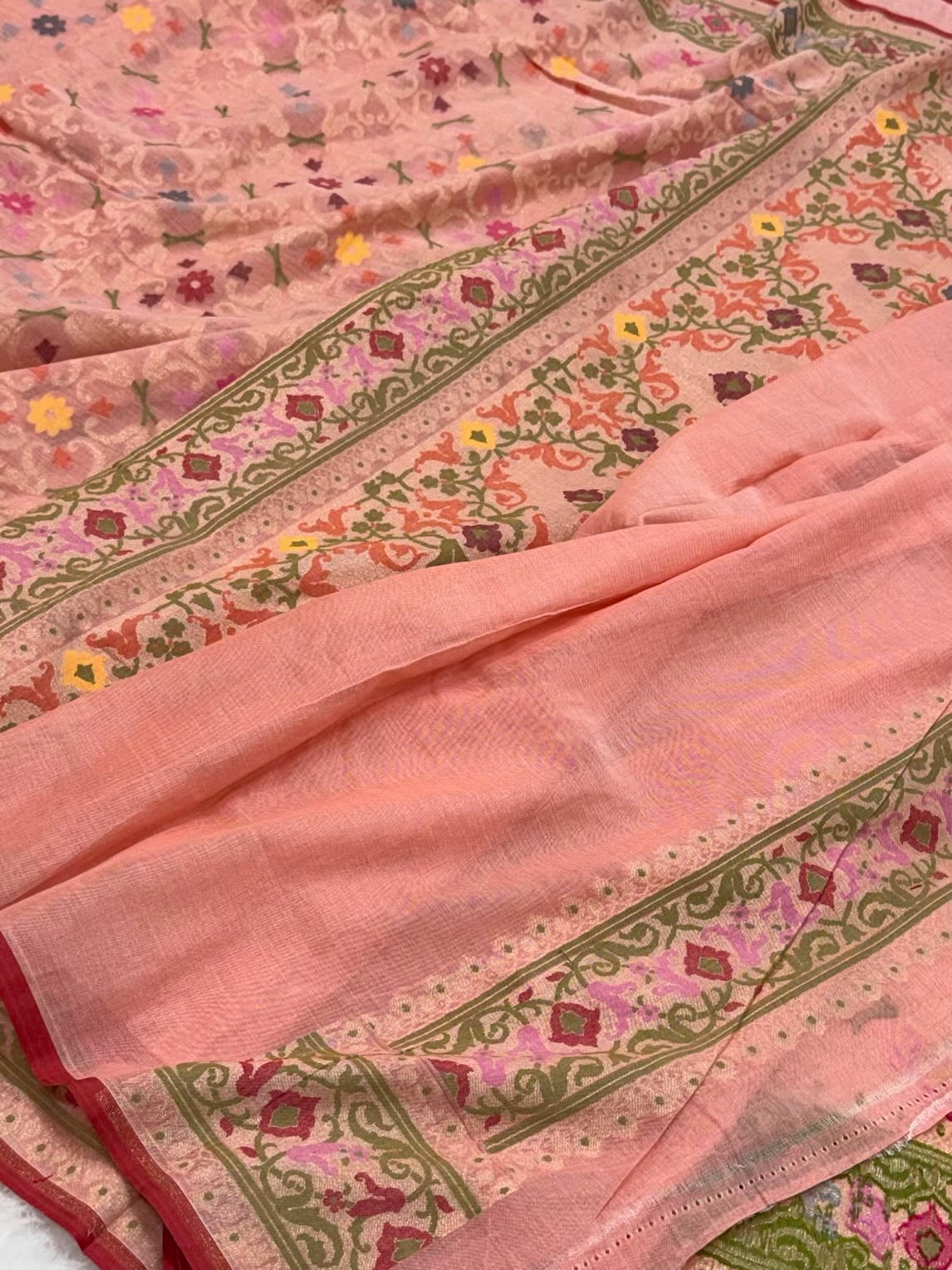 Peach Pure Muslin Cotton Jamdani Handloom Banarasi Saree |Ektara Weave|
