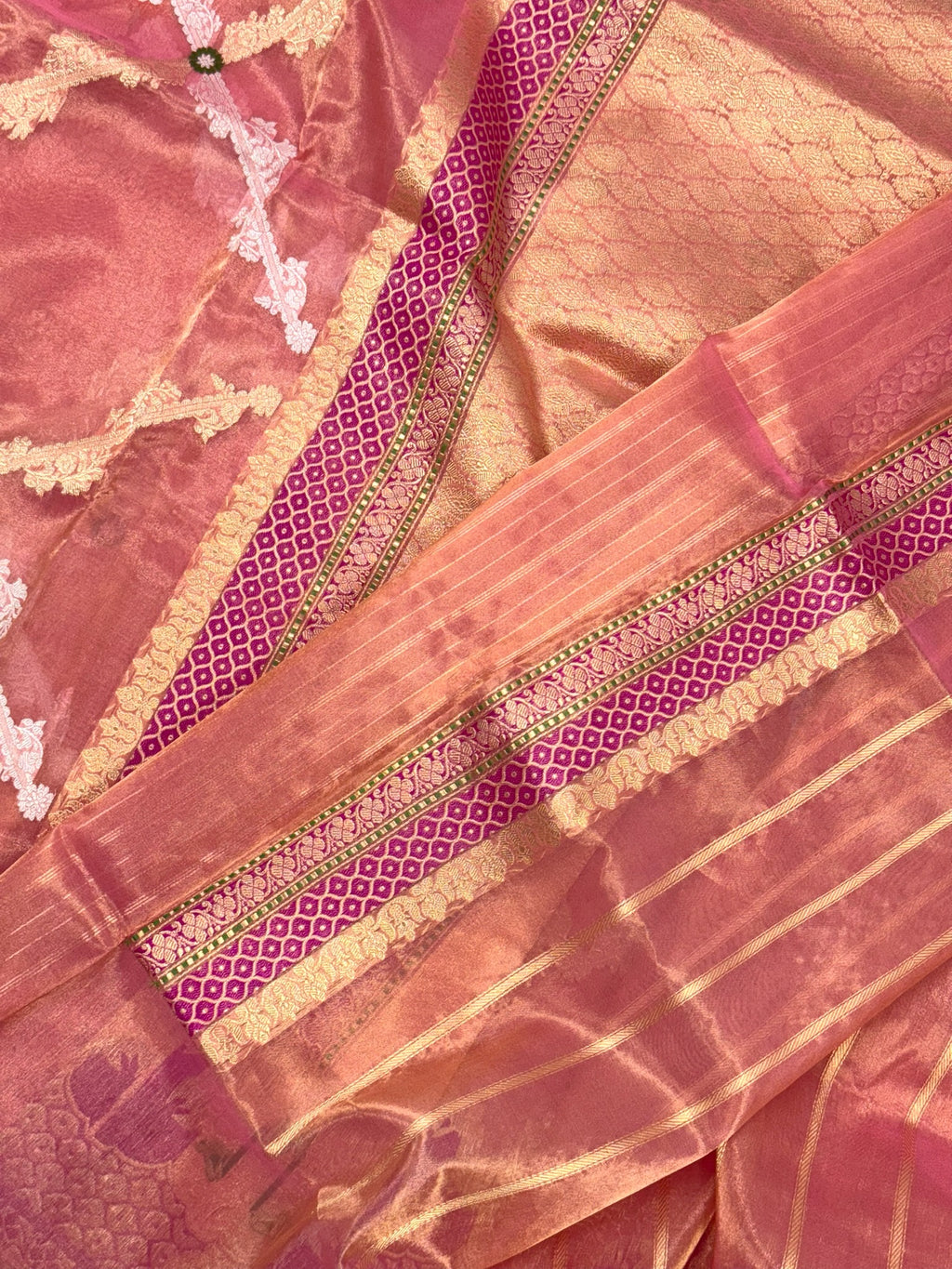 Peach Pink Pure Kora Tissue Handwoven Saree