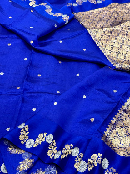 German Blue Pure Raw Mango Silk Handwoven Banarasi Saree