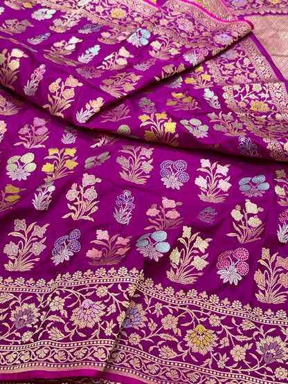 Purple Banarasi Pure Double Katan Mulberry Silk Handwoven Modern Saree | Kadhwa Technique