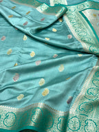 Sea Green Pure Mulberry Chiniya Silk  Banarasi Saree