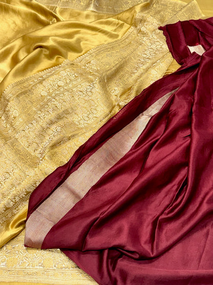 Gold Pure Mashru Satin Silk Handwoven Banarasi Saree