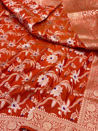 Orange Pure Katan Silk Handwoven Banarasi Saree