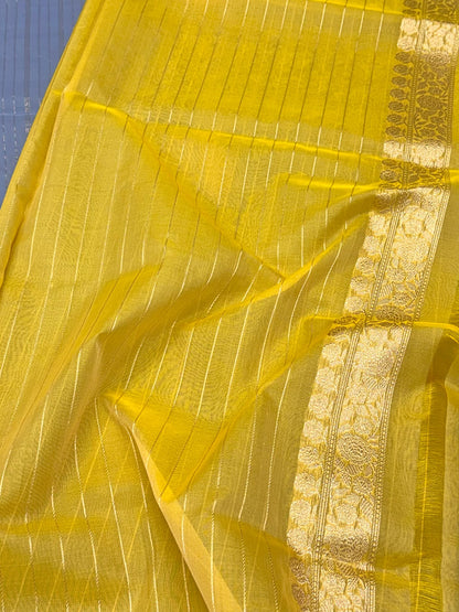 Lilac Blue Pure Kora Mulberry Silk | Kadhwa Technique | Handwoven Lighweight Banarasi Modern Saree