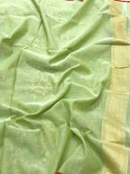Pista Green Pure Muslin Cotton Ektara Jamdani Handloom Modern Banarasi Lightweight Saree