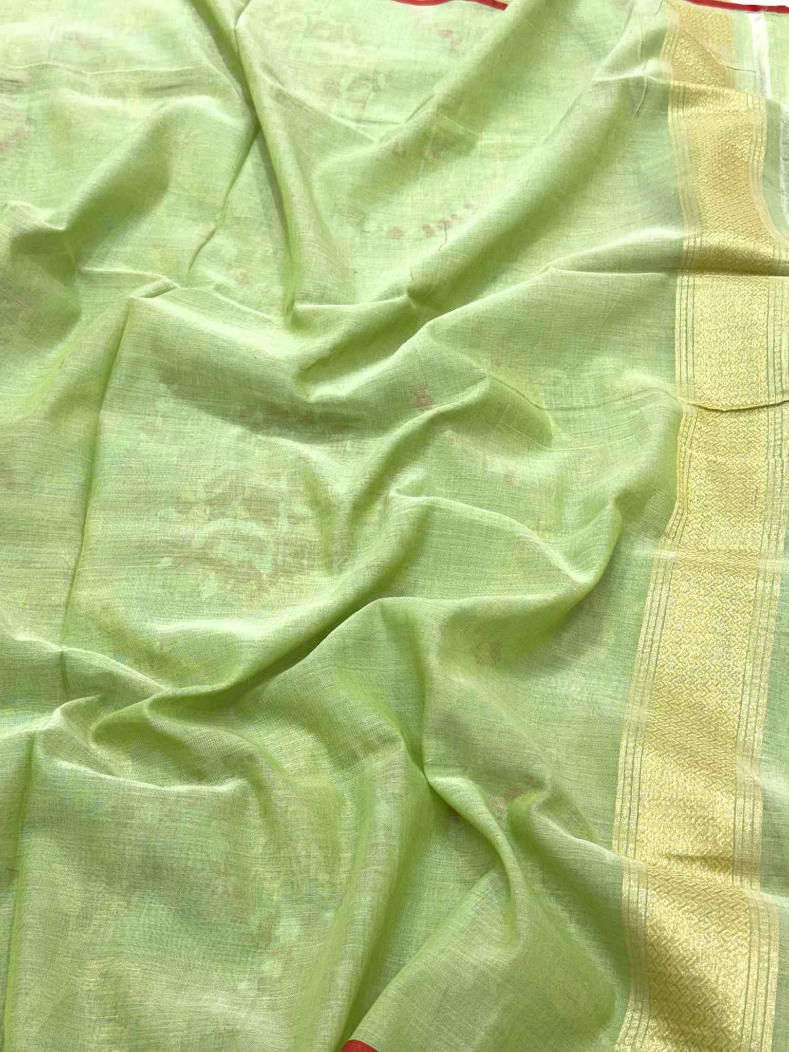 Pista Green Pure Muslin Cotton Ektara Jamdani Handloom Modern Banarasi Lightweight Saree