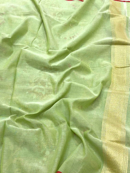 Pista Green Pure Muslin Cotton Ektara Jamdani Handloom Modern Banarasi Lightweight Saree