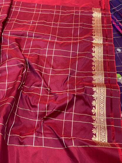 Magenta/Maroon Pure Katan Mulberry Silk | Kadhwa Technique | Handwoven Banarasi Modern Saree