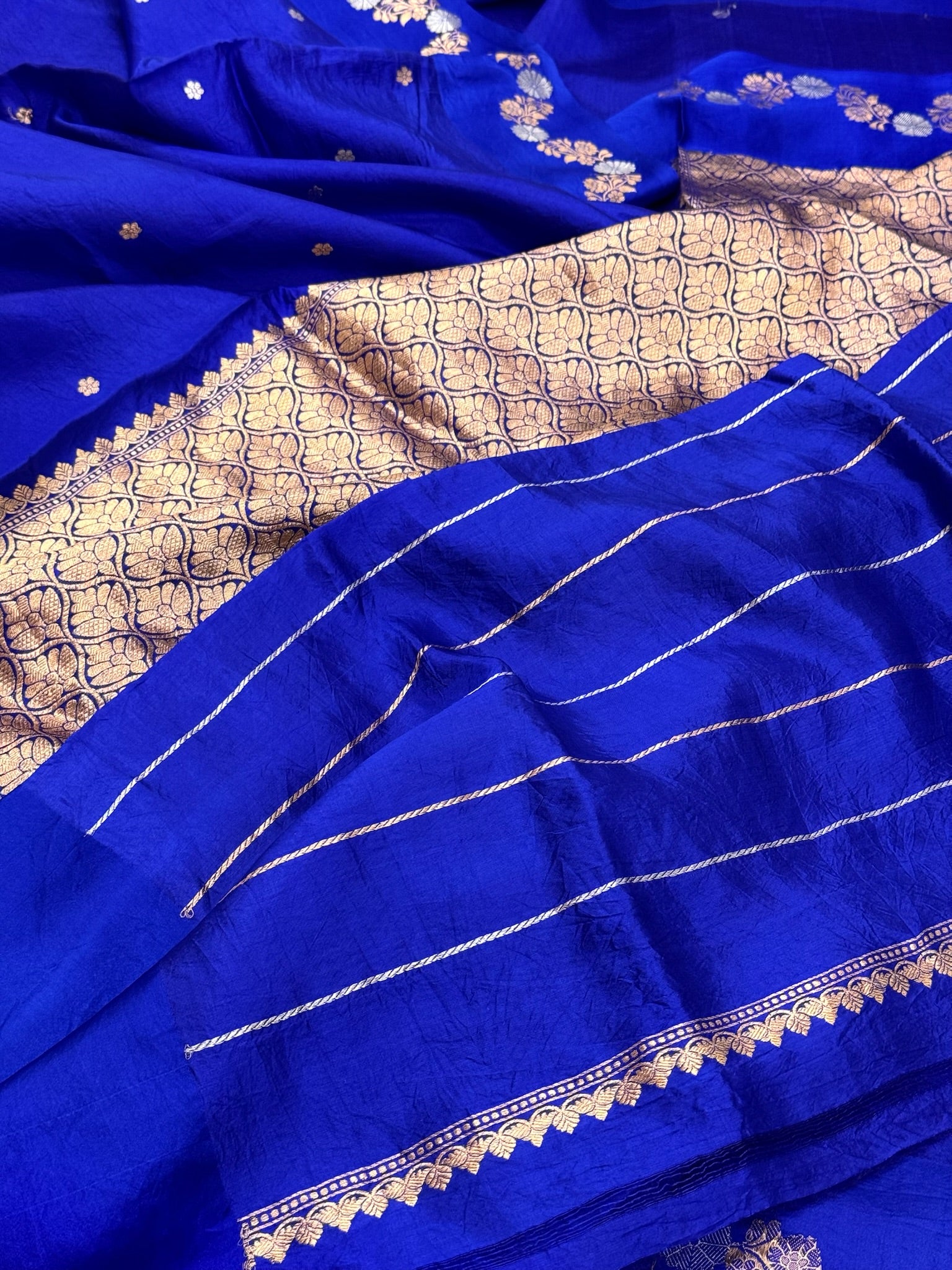German Blue Pure Raw Mango Silk Handwoven Banarasi Saree