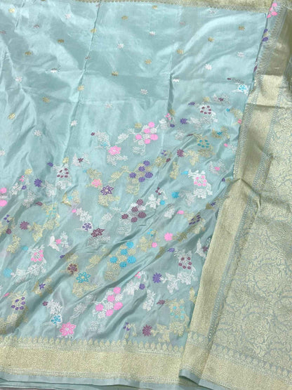 Pastel Blue Pure Mulberry Katan Silk | Kadhwa Technique | Handwoven Contemporary Banarasi Saree - New Era Of Saree Glamour