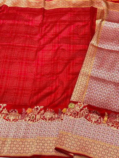 Red Pure Katan Silk Saree | Kadhwa  Weave | Pure Mulberry Silk Handwoven Modern Banarasi Silk Saree