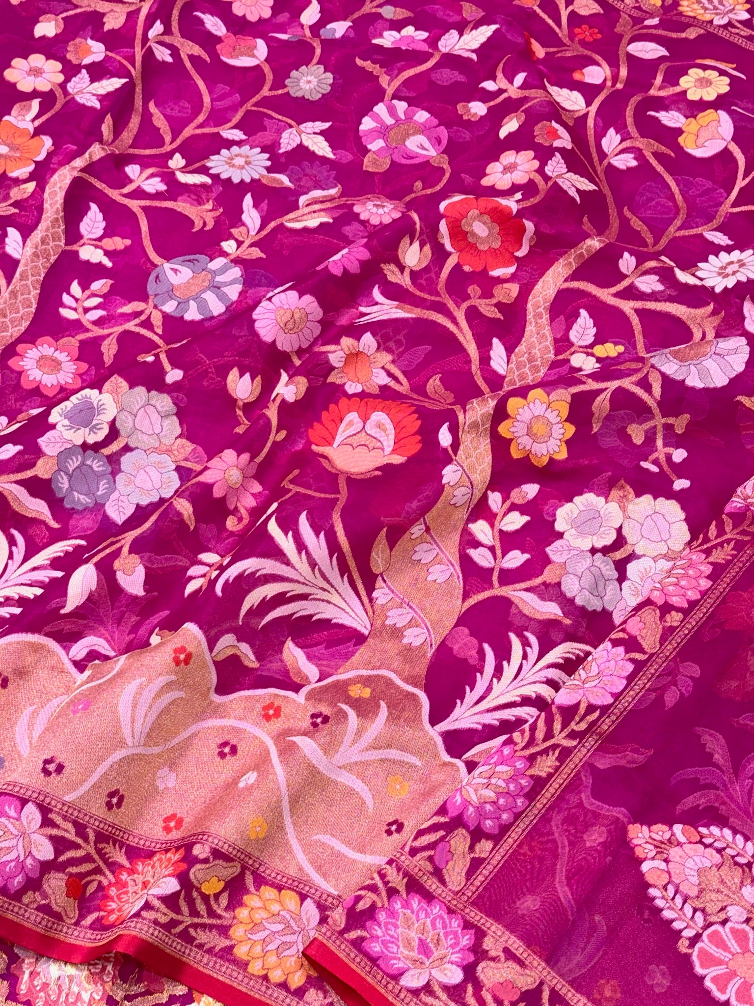 Hot Pink Pure Mulberry Kora Silk Ektara Jamdani Handloom Contemporary Banarasi Saree | Timeless Banarasi Elegance