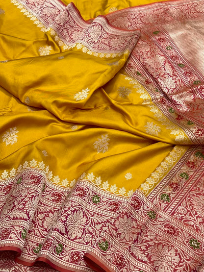 Mustard Yellow Pure Katan Mulberry Silk | Kadhwa + Kadhiyal Technique | Authentic Banarasi Handwoven Saree