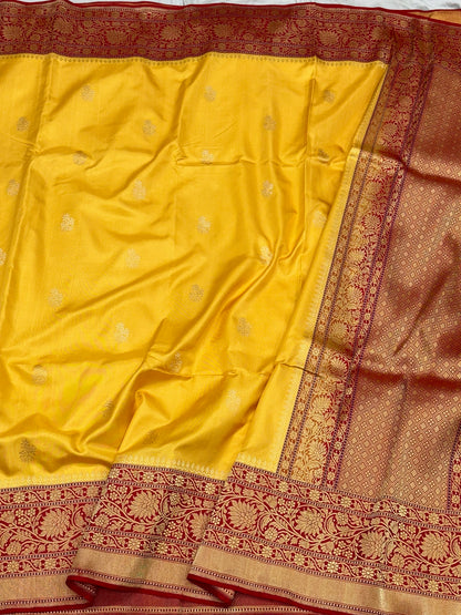 Gold Yellow Pure Katan Mulberry Silk Handwoven Banarasi Saree - Kadhwa Weave | The Refined Drape